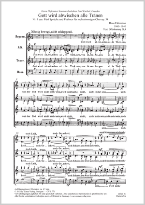 Gott wird abwischen alle Tränen aus: Fünf Sprüche und Psalmen für mehrstimmigen Chor op. 34 Partitur