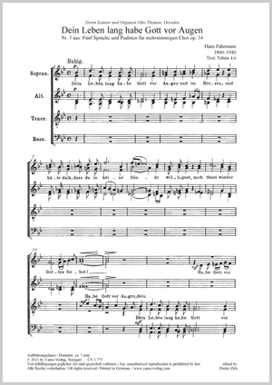 Dein Leben lang habe Gott vor Augen aus: Fünf Sprüche und Psalmen für mehrstimmigen Chor op. 34 Partitur