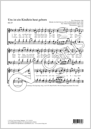 Uns ist ein Kindlein heut geborn Partitur, Einzelausgabe aus Chorbuch