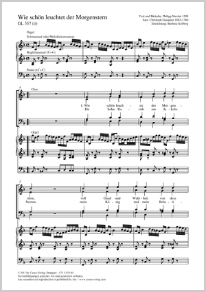 Christoph Graupner / Barbara Kolberg (arr.): Wie schön leuchtet der Morgenstern - Noten | Carus-Verlag