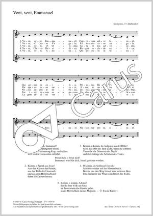 Veni, veni, Emanuel Partition, édition séparée avec recueil de musique chorale