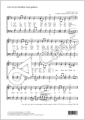 Uns ist ein Kindlein heut geborn aus: Choralgesänge (hrsg. von C. P. E. Bach) Partitur, Einzelausgabe aus Chorbuch, G-Dur