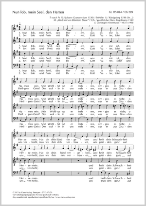 Nun lob, mein Seel, den Herren Partition, édition séparée avec recueil de musique chorale