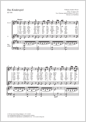 Wolfgang Amadeus Mozart / Paul Horn (arr.): Das Kinderspiel - Noten | Carus-Verlag
