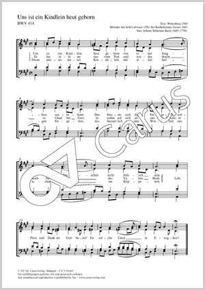 Uns ist ein Kindlein heut geborn Partitur, Einzelausgabe aus Chorbuch, A-Dur