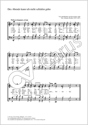Des Abends kann ich nicht schlafen gehen aus: Zwölf deutsche Volkslieder Score, separate edition from a choral collection
