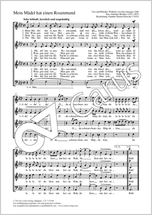 Johannes Brahms / Gunther Martin Göttsche (arr.): Mein Mädel hat einen Rosenmund - Noten | Carus-Verlag