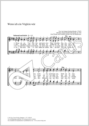 Wenn ich ein Vöglein wär Partitur, Einzelausgabe aus Chorbuch
