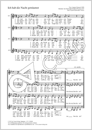 I dreamed this Night. Vocal transcription by Clytus Gottwald Score, separate edition from a choral collection