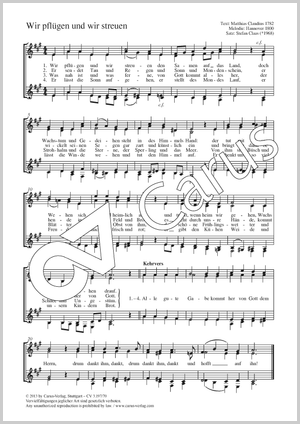 Wir pflügen und wir streuen Score, separate edition from a choral collection