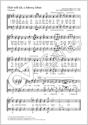 Dich will ich, o Jehova, loben Lobgesang Partition, édition séparée avec recueil de musique chorale