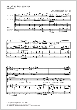 Jesu, dir sei Preis gesungen Aria Partition, édition séparée avec recueil de musique chorale, In dieser Ausgabe / in this edition: Singstimme, 2 Blfl, Org, [Vc]