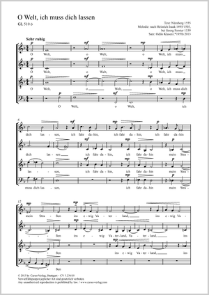 O Welt, ich muss dich lassen Motette Partitur, Einzelausgabe aus Chorbuch