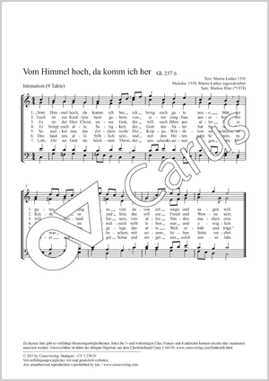 Vom Himmel hoch, da komm ich her Partitur, Einzelausgabe aus Chorbuch, In dieser Ausgabe / in this edition: Coro SATB, [Org]