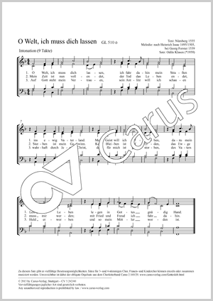 O Welt, ich muss dich lassen Partitur, Einzelausgabe aus Chorbuch, In dieser Ausgabe / in this edition: Coro SATB, [Org]