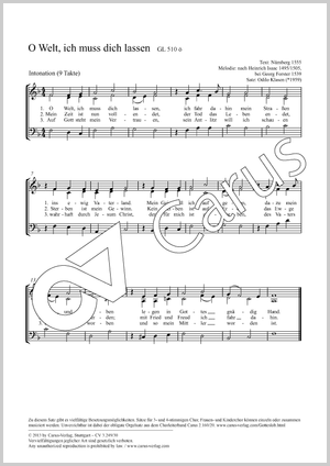 O Welt, ich muss dich lassen Partitur, Einzelausgabe aus Chorbuch, In dieser Ausgabe / in this edition: Coro SAM, [Org]
