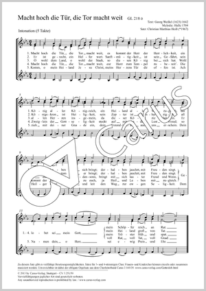 Macht hoch die Tür, die Tor macht weit Score, separate edition from a choral collection, In dieser Ausgabe / in this edition: Coro SSA. [Org]