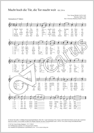 Macht hoch die Tür, die Tor macht weit Score, separate edition from a choral collection, In dieser Ausgabe / in this edition: 2stg Kinderchor. [Org]