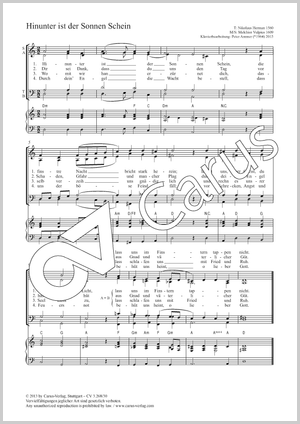 Hinunter ist der Sonnen Schein Score, separate edition from a choral collection