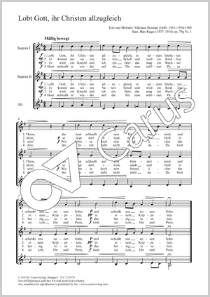 Lobt Gott, ihr Christen, allzugleich aus: Kompositionen für Frauen- oder Kinderchor op. 79g Partitur, Einzelausgabe aus Chorbuch