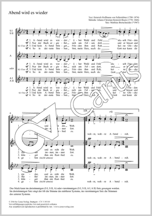 Abend wird es wieder Partition, édition séparée avec recueil de musique chorale