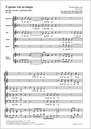 È questa vita un lampo aus Selva morale e spirituale (1641) Score, separate edition from a choral collection