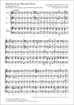 Dich bet ich an, Herr Jesu Christ nach Wq 198.3 / BR-CPEB H 34/3 Partitur, Einzelausgabe aus Chorbuch, In dieser Ausgabe / in this edition: Coro SAB, Org