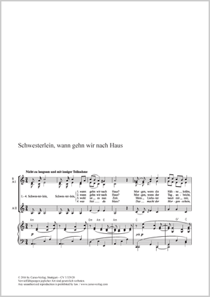 Schwesterlein, wann gehn wir nach Haus Partition, édition séparée avec recueil de musique chorale