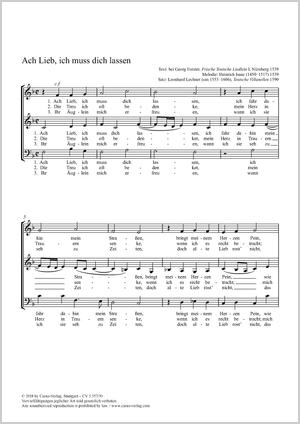 Ach Lieb, ich muss dich lassen Score, separate edition from a choral collection