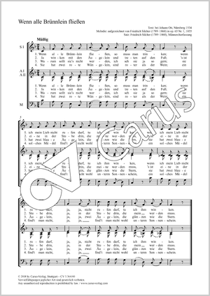 Wenn alle Brünnlein fließen Score, separate edition from a choral collection