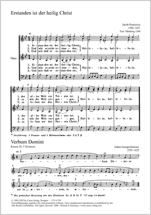 Praetorius: Erstanden ist der heilig Christ / Gumpelzhaimer: Verbum Domini / Schütz: Singet dem Herrn - Noten | Carus-Verlag