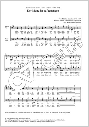 Der Mond ist aufgegangen (3 Sätze) SATB, SSAA & TTBB Score