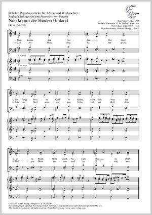 Popular repertoire pieces for Advent and Christmas. Also insert sets for the Magnificat by Durante Arragement for choir and organ (arr. G. Klumpp) Collection