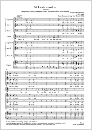 Lauda Jerusalem. Transposed version from: Vespro della Beata Vergine. Vespers 1610 Vocal score