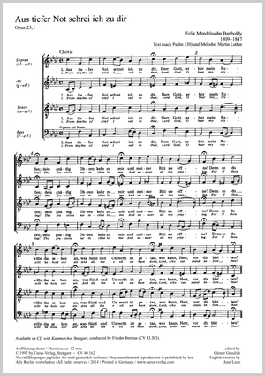 Felix Mendelssohn Bartholdy: Aus tiefer Not schrei ich zu dir - Noten | Carus-Verlag