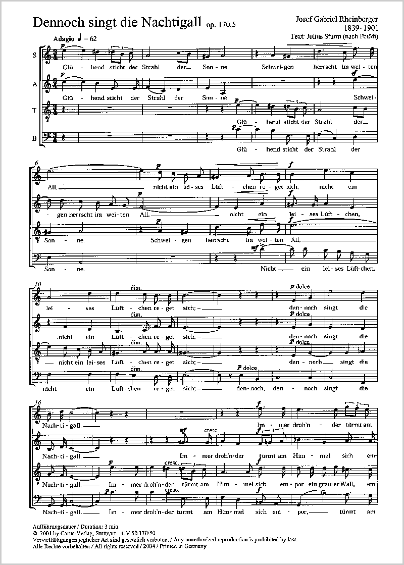 Josef Gabriel Rheinberger Dennoch Singt Die Nachtigall Full Score